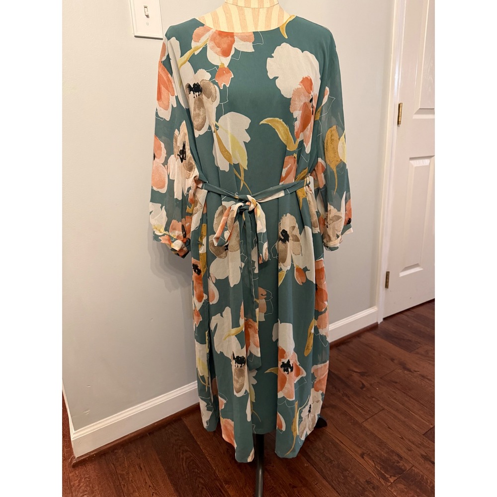 Ava & Viv Teal Floral Long Sleeve Midi Dress Plus Size 3X Cottagecore